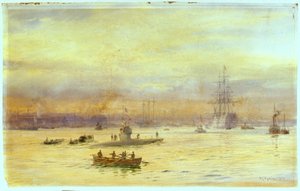 En esta vista se ve el puerto por el lado de Gosport, donde se aproxima un submarino con otro delante. de William Lionel Wyllie