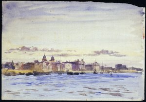 Vista del Royal Naval College, en Greenwich (Inglaterra), sobre el Támesis, al atardecer, tomada desde Blackwall (orilla opuesta). Acuarela, principios del siglo XX, de William Lionel Wyllie (1851-1931). de William Lionel Wyllie