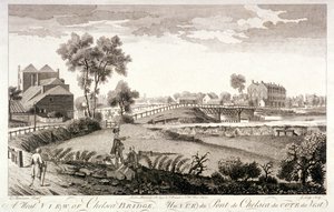 Vista oeste del Puente de Chelsea, Londres, c. 1760