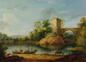 Paisaje fluvial italianizado con campesinos en una barcaza y un puente al fondo, c.1770 de William Marlow