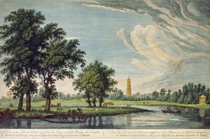 Vista del lago y la isla desde el césped, con el puente, los templos de Arethusa y Victoria y la Gran Pagoda en los Jardines Reales de Kew de William Marlow