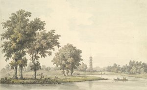 Vista del lago y la isla desde el césped en Kew, 1763 de William Marlow