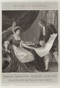 Harley presentando a la Reina Ana el plan de la batalla de Blenheim de William Marshall Craig