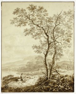 Carretera serpenteante junto a un lago, con un gran árbol y un viajero descansando en primer plano de William Marshall Craig