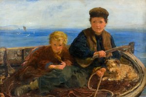 Dos niños y un perro en un bote de William McTaggart