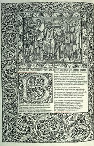 Escena de "Troilo y Crésida", inicial historiada "B", manuscrito con borde de página completa, 1896 de William Morris