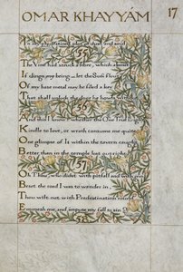 El Rubaiyat de Omar Khayyam; versos 55 - 57. Caligrafiado y decorado por William Morris, con bordes de follaje y flores. de William Morris