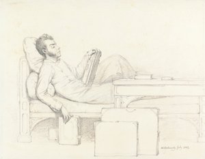 Autorretrato del artista recostado en un sofá gótico leyendo un libro