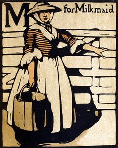 M de Milkmaid, ilustración de "An Alphabet", publicado por William Heinemann