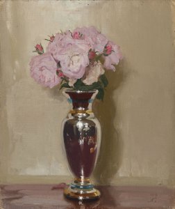 Rosas rosas en un jarrón plateado de lustre de William Nicholson