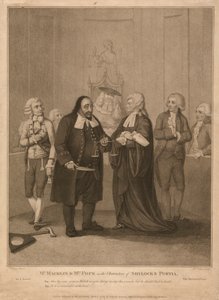 El Sr. Macklin y la Sra. Pope en los personajes de Shylock y Portia de William Nutter
