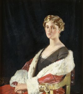 Retrato de Nancy Oswald Smith, sentada medio cuerpo, con un abrigo rojo forrado de piel, 1915 de William Orpen