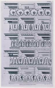 Diseños para cornisas publicados en 1788 por William Pain (c.1730-c.1790). Grabado en blanco y negro de 1783 de William Pain