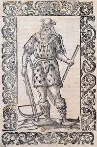 Hombre con vestido de piel, ballesta y zapatos con punta torcida (ejemplo de esquís rudimentarios), ilustración atribuida a Cesare Vecellio (1521-1601), publicada en Italia en el siglo XVI