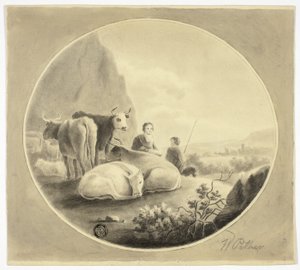 Pastores, vacas y ovejas en el paisaje de William Pether