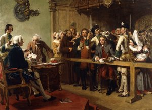 Hogarth llevado ante el gobernador de Calais como espía, 1851 de William Powell Frith