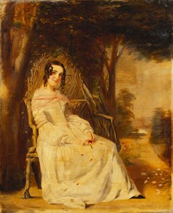 Retrato de Mary Freer sentada, pequeña longitud completa en un asiento de jardín de William Powell Frith