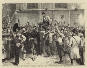 La boda de un soldado de las Tierras Altas en el Castillo de Stirling, llevando en andas al novio de William Ralston