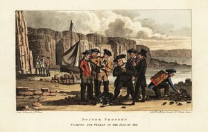 Turistas ingleses observan a pescadores escoceses abriendo ostras perleras en la Isla de Skye, Escocia