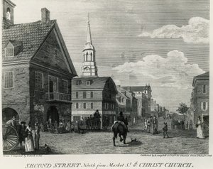 Segunda Calle Norte desde Market Street y Christ Church, Filadelfia, dibujo de William Russell Birch (1755-1834), impreso por R Campbell, Estados Unidos de América de William Russell Birch