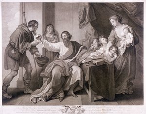 Alfredo el Grande dividiendo su pan con el peregrino, 1782 de William Sharpe