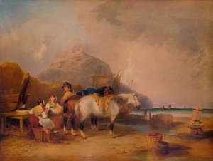 Escena costera, con figuras y caballos de William Shayer