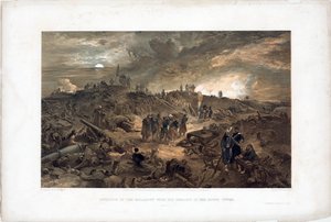 Guerra de Crimea (1853-1856): episodio del sitio de Sebastopol (Ucrania), tropas francesas entre las ruinas tras la toma de Malakoff el 8 de septiembre de 1855 - Litografía de William Simpson (18