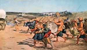 Sobre el Veldt. Drums and Pipes of the 91st (Argyllshire) Highlanders (litografía en color)