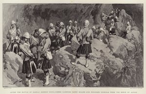 Después de la batalla de Dargai, los Highlanders de Gordon llevan a los Gurkhas muertos y heridos desde el lugar de la acción