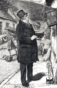 Caricatura que representa a un hombre con sombrero de copa indignado por un estornino mascota que perturba el Sabbath haciendo reír y gritar a los niños con su lenguaje de William Small