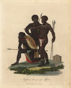 Nativos sudafricanos con lanzas, abrigo de piel de animal, collar de William Smellie