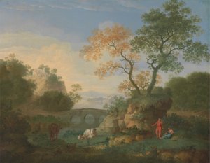 Un paisaje con ruinas clásicas lejanas, un puente, figuras y ganado de William Smith