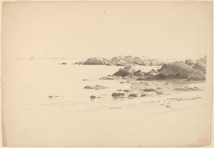 Playa rocosa con barcos distantes de William Stanley Haseltine