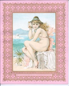Tarjeta de Año Nuevo victoriana de una belleza bañista en una playa sosteniendo una concha en su oído, c.1881 de William Stephen Coleman