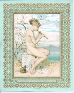 Tarjeta de Año Nuevo victoriana de una belleza bañista en una playa tocando una flauta, c.1881