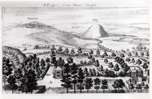 Vista desde el campanario de Avebury de la colina de Silbury, ilustración de 