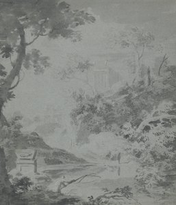 Paisaje con un edificio clásico lejano y un hombre pescando de William Taverner