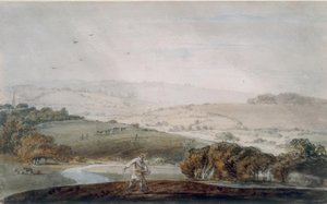 Un granjero sembrando, un valle fluvial y colinas onduladas más allá de Joseph Mallord William Turner