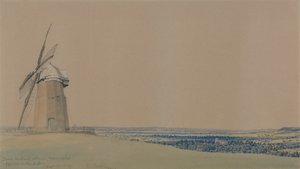 Molino de viento e iglesia de Tysoe, Warwickshire