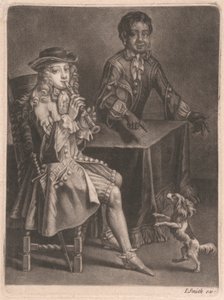 Dos jóvenes, uno tocando una flauta dulce y el otro señalando a un perro bailarín de William Vincent
