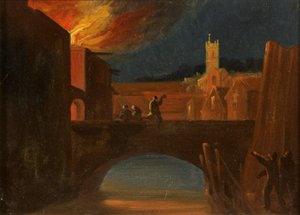 Disturbios de Bristol: La Quema de Bridewell, con la Iglesia de San Miguel, Puente de Bridewell, c.1831 de William W. Wheatley