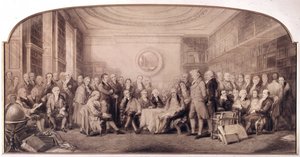 Los eminentes hombres de ciencia en 1807-1808. Reunión en la biblioteca del Real Instituto de Ciencias, Inglaterra. Grabado de William Walker y Sir John Gilbert (1817 - 1897) - Eminentes Hombres de Ciencia Vivientes en 1807 de William Walker