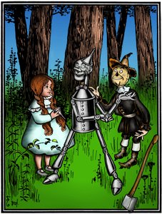 El mago de Oz: dibujo por Denslow, William Wallace (1856-1919) para la primera edición en 1900 del libro de Frank Baum (1856-1919) - Dorothee (Dorothy) asistida por el espantapájaros, ayudó al hombre de hojalata