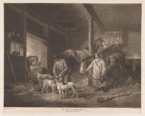 Cazadores en el establo preparando a sus animales El primero de septiembre, mañana (título sobre el objeto) de William Ward