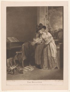 Mujeres jóvenes descubren que un gato ha atrapado al pájaro de la jaula El desastre (título sobre el objeto) de William Ward