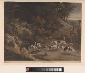 Cazador y perros de caza en la caza del zorro. Caza de zorros (título sobre objeto) de William Whiston Barney