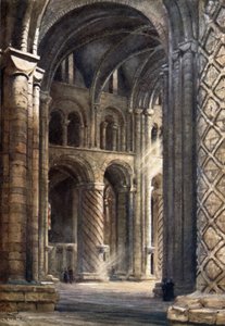 Durham, interior de la catedral mirando a través de la nave hacia el transepto sur (litografía en color) de William Wiehe Collins