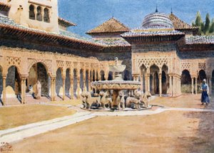Granada, la Alhambra, Patio de los Leones (litografía en color)