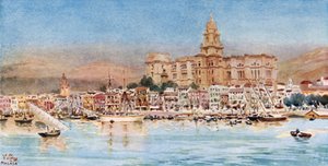 Málaga, vista desde el puerto (litografía en color)