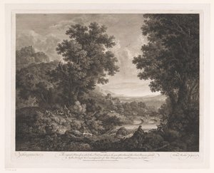 Paisaje con figuras alrededor de un fuego y un dibujante y chirimía en la orilla de un río Primer Paisaje Premium de William Woollett
